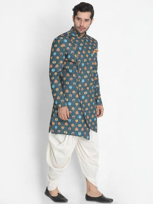 Vastramay Men's Dark Green Silk Blend Sherwani Set